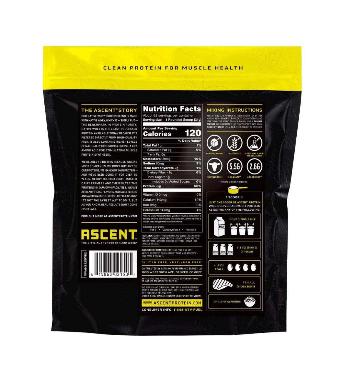 Ascent 100% Whey, Native Whey Protein Blend, Vanilla Bean, 4.25 lbs